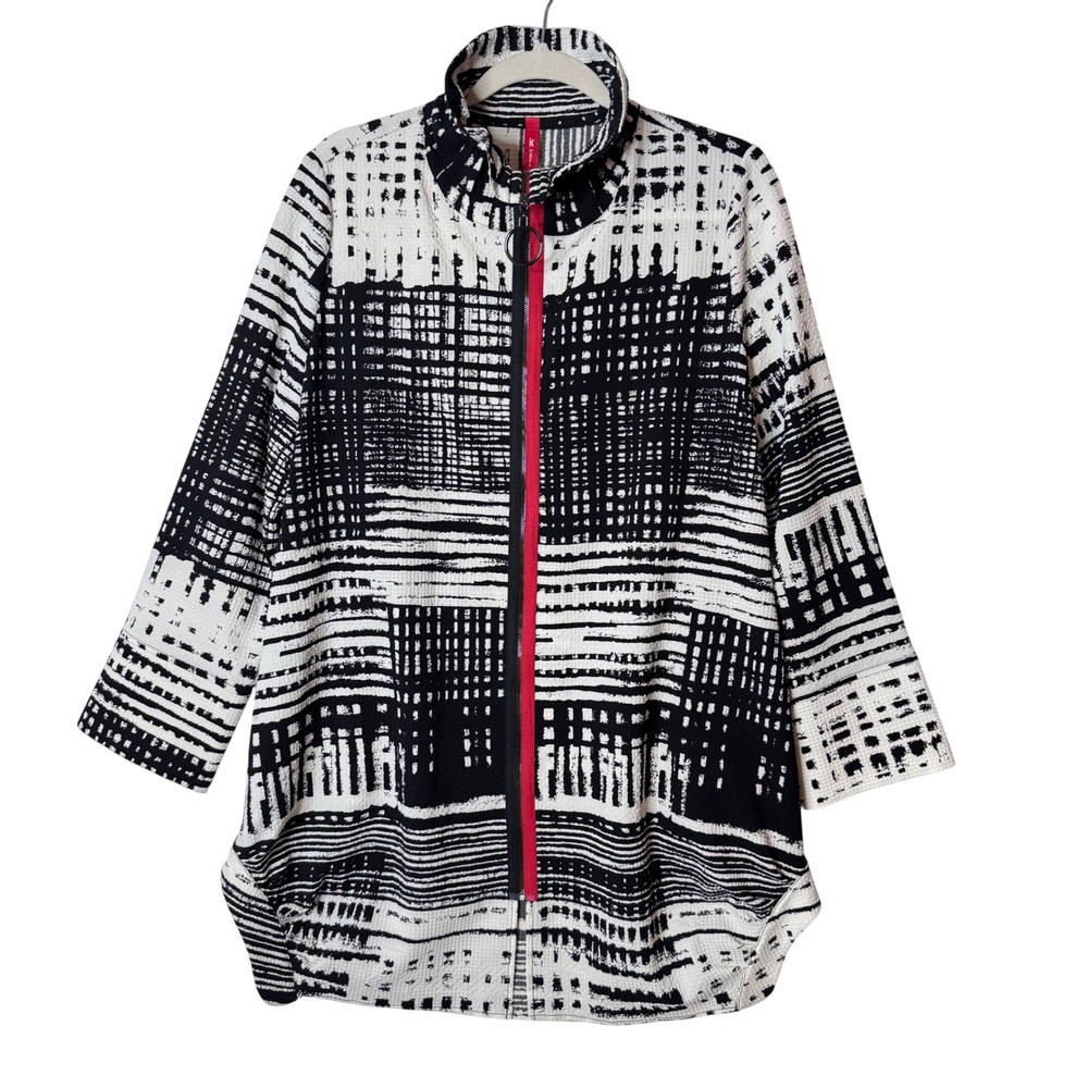 IC by Connie K Zip Front Jacket Sz L Abstract Artsy Wire Collar Lagenlook Art